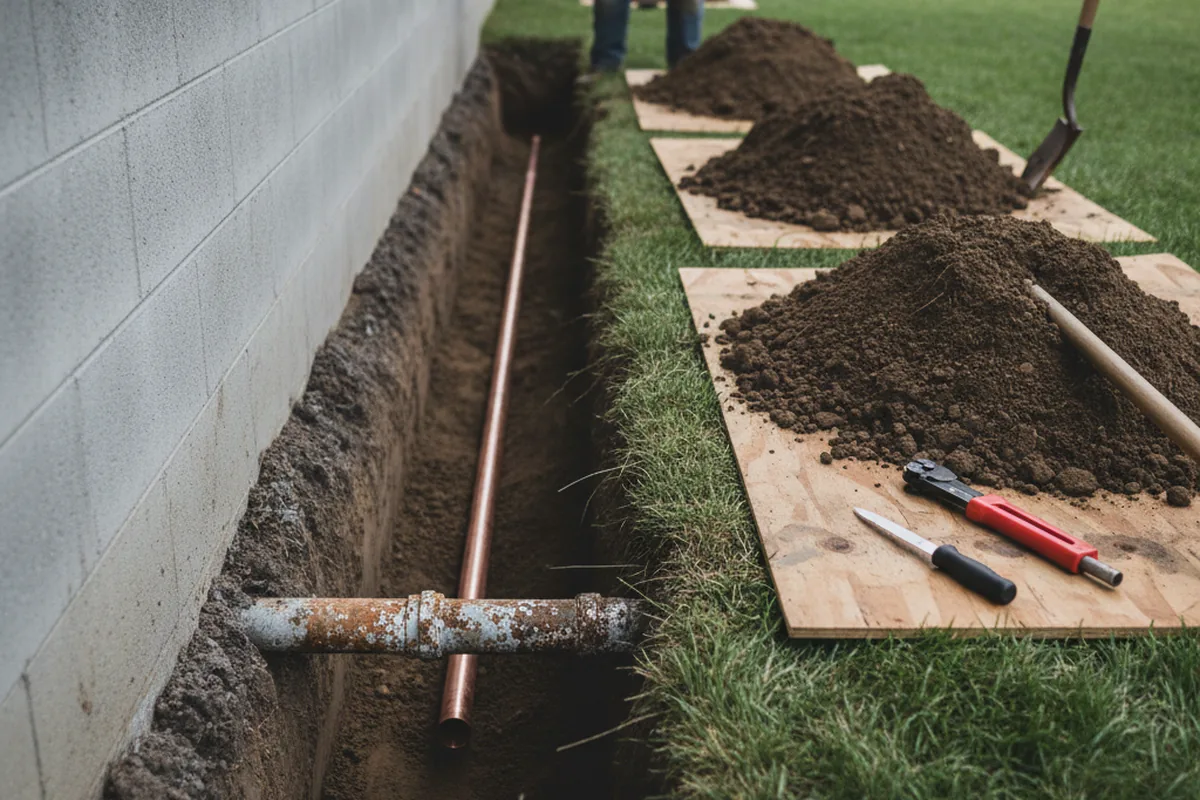 Excavated water line trench during Water Heater Repair in Snook